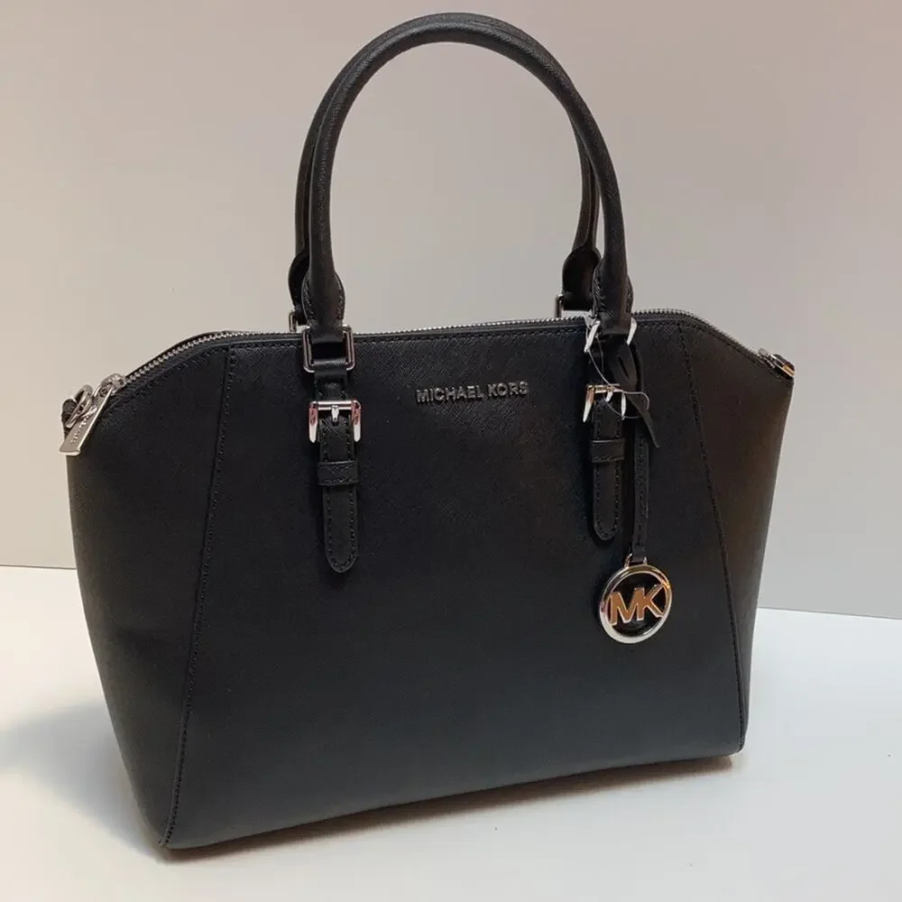 π€ NWT Authentic Michael Kors Saffiano Leather Lg Satchel Bag - BLACK - Picture 1 of 11